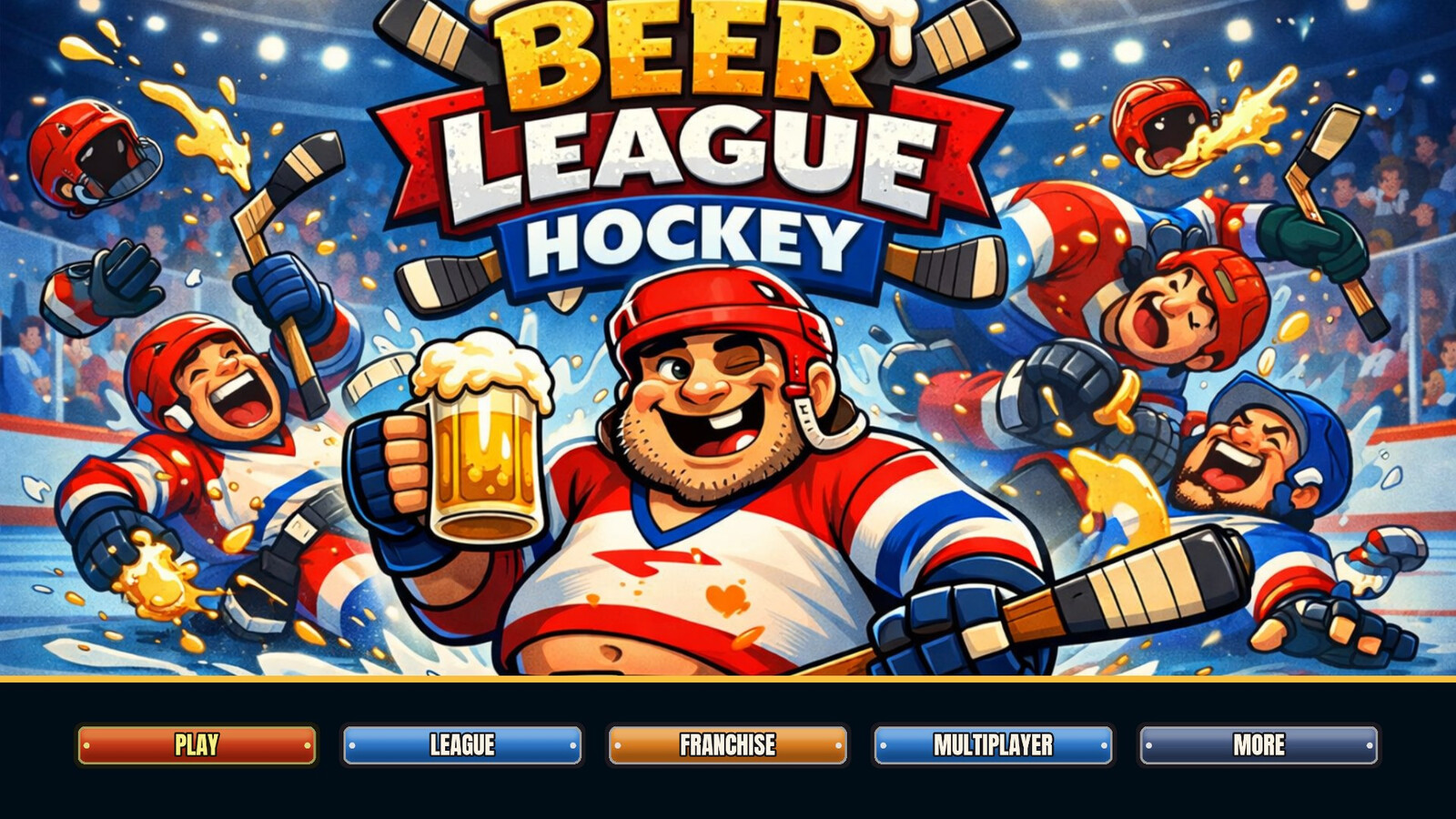 Beer League Hockey main menu in a development build.