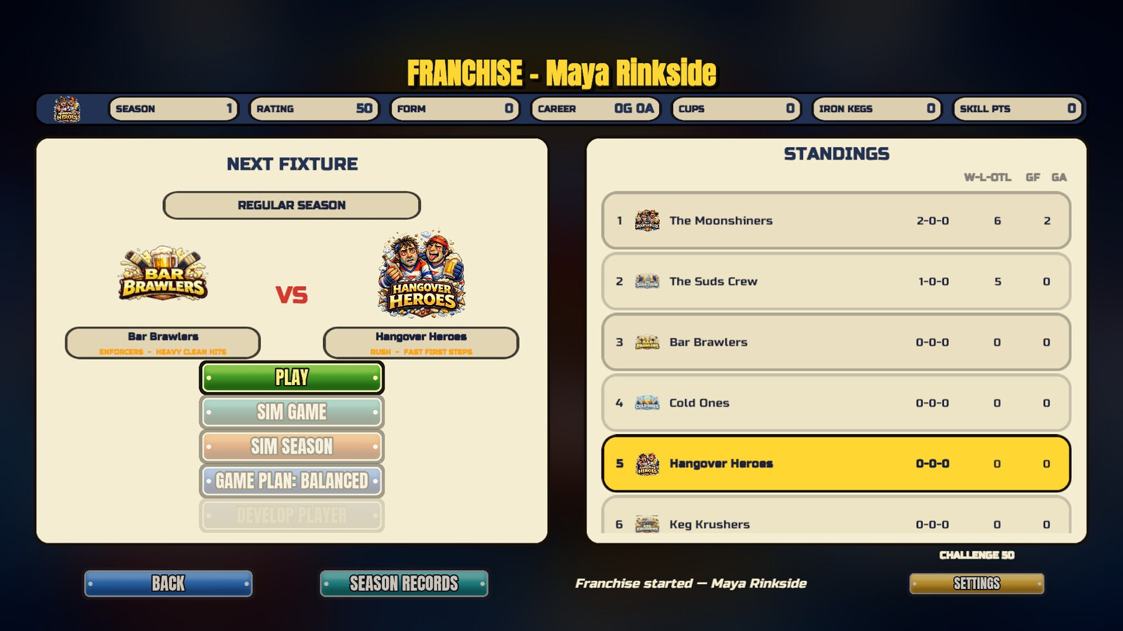 Franchise standings interface in Beer League Hockey.