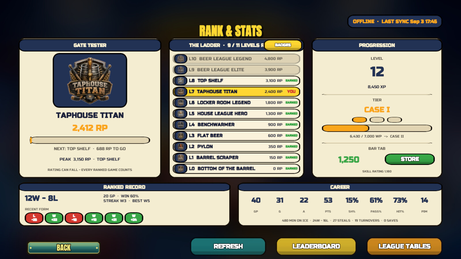 Beer League Hockey rank and statistics screen.