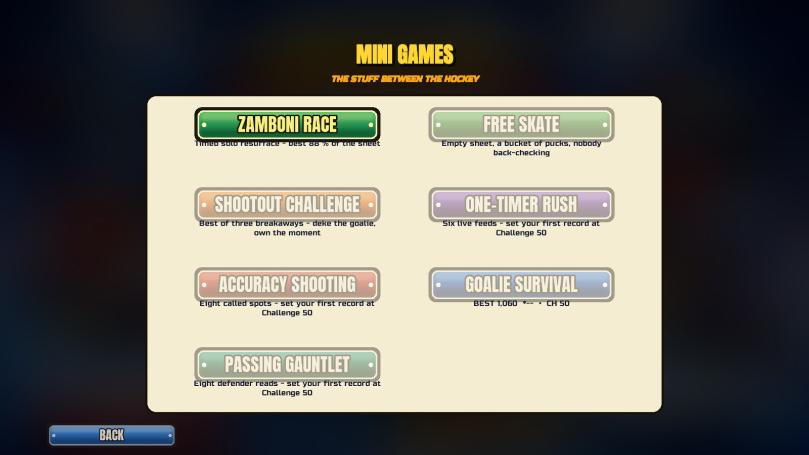 Beer League Hockey mini-games selection screen.